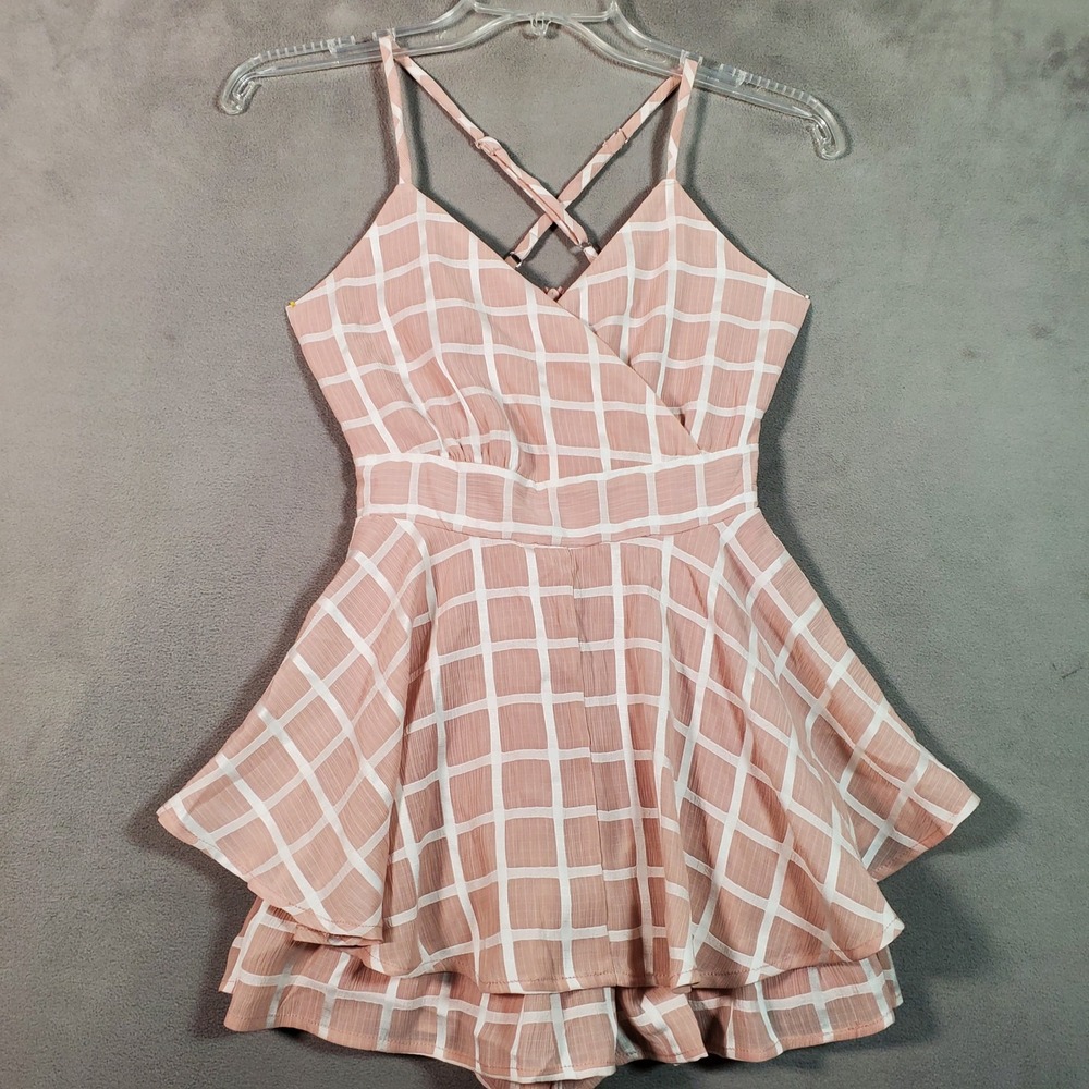 Womens Romper XS Pink White Windowpane Plaid Ruffle Coquette‎ Cottagecore NEW